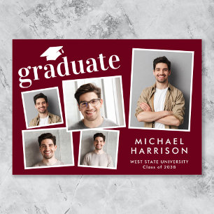 Modern 5 Photo Burgundy Red Graduation Announcement