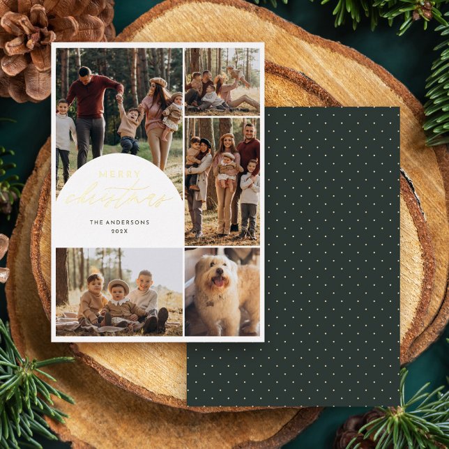 Modern 5 Photo Collage Arch Merry Christmas Photo Foil Holiday Card (Creator Uploaded)