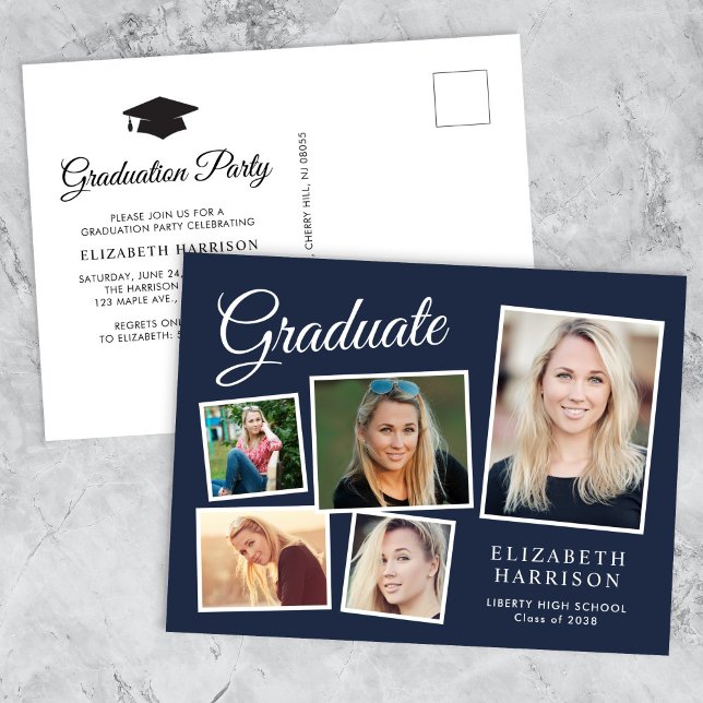 Modern 5 Photo Collage Blue Graduation Party Invitation Postcard (A personalized photo graduation party invitation to celebrate the graduate's achievements)