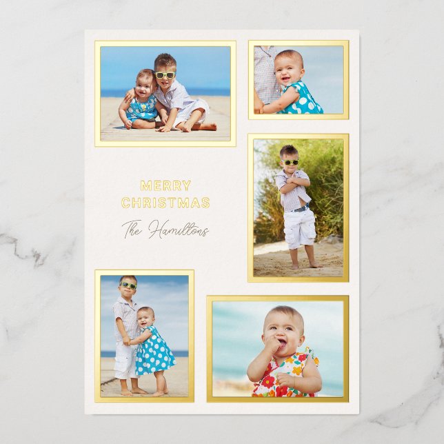 Modern 5-Photo Collage Christmas Gold Foil Holiday Card (Front)