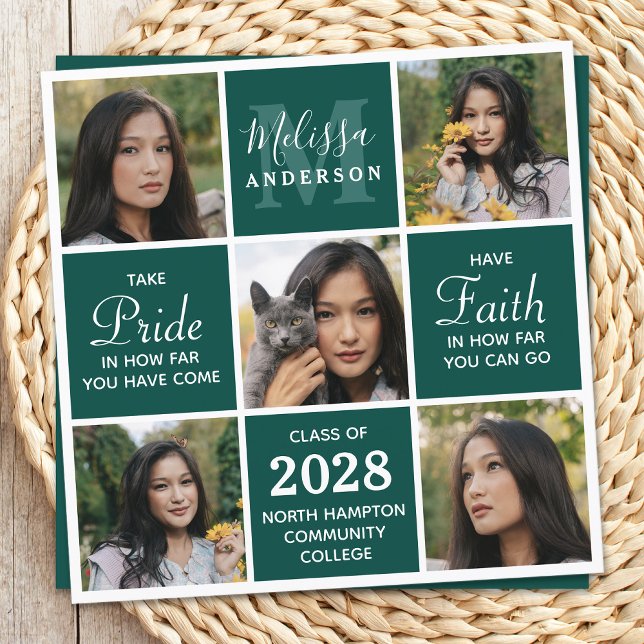 Modern 5 Photo Collage Emerald Green Graduation Invitation (Creator Uploaded)