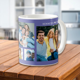 Modern 5 Photo Collage Family Name Periwinkle Coffee Mug