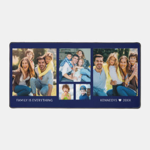 Modern 5 Photo Collage Family Name Quote Navy Blue Desk Mat