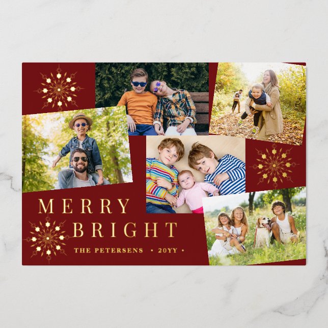 Modern 5 photo collage gold snowflakes Christmas Foil Holiday Card (Front)
