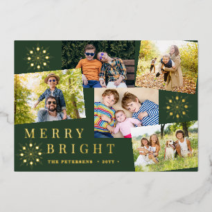 Modern 5 photo collage gold snowflakes Christmas Foil Holiday Card