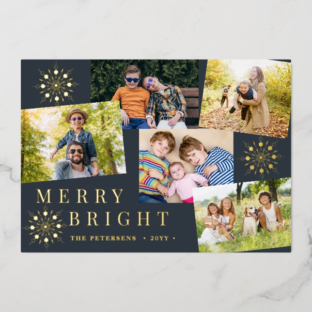 Modern 5 photo collage gold snowflakes Christmas Foil Holiday Card (Front)