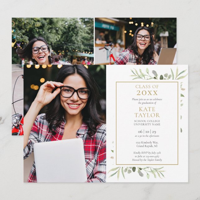 Modern 5 Photo Collage Greenery Graduation Party Invitation (Front/Back)