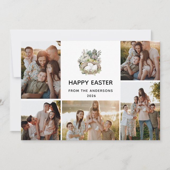 Modern 5 Photo Collage Happy Easter Nest Family Holiday Card (Front)