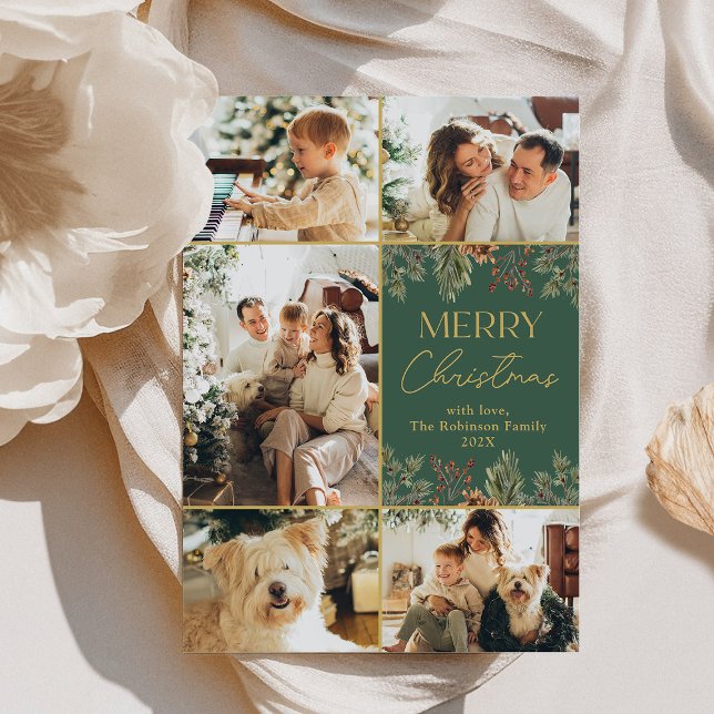 Modern 5 Photo Collage Merry Christmas  Holiday Card (Creator Uploaded)