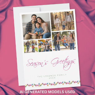 Modern 5 Photo Collage Seasons Greetings Lights Holiday Card