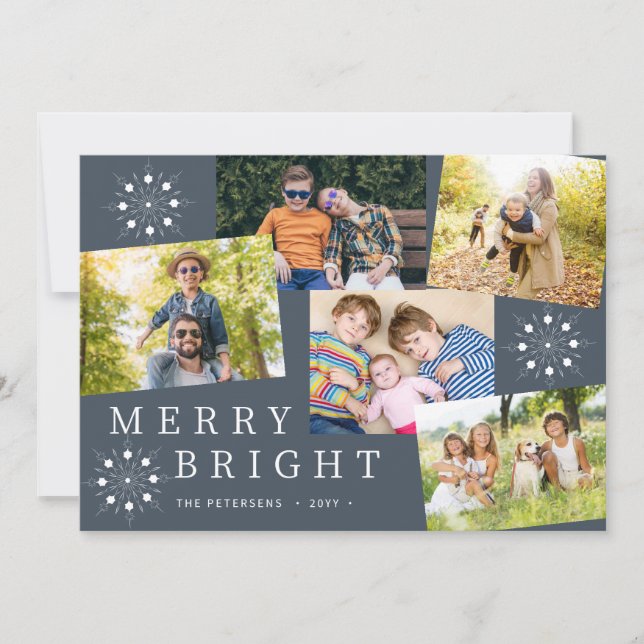 Modern 5 photo collage snowflakes navy Christmas Holiday Card (Front)