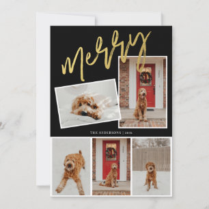 Modern 5 Photo Gold Merry Script Photo Holiday Card
