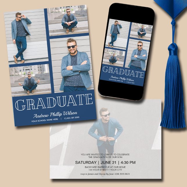 Modern 5 Photo Graduation Party Navy Blue Invitation (Navy Blue Modern Photo Graduation Invitations - PRINTED and/or INSTANT DOWNLOAD)