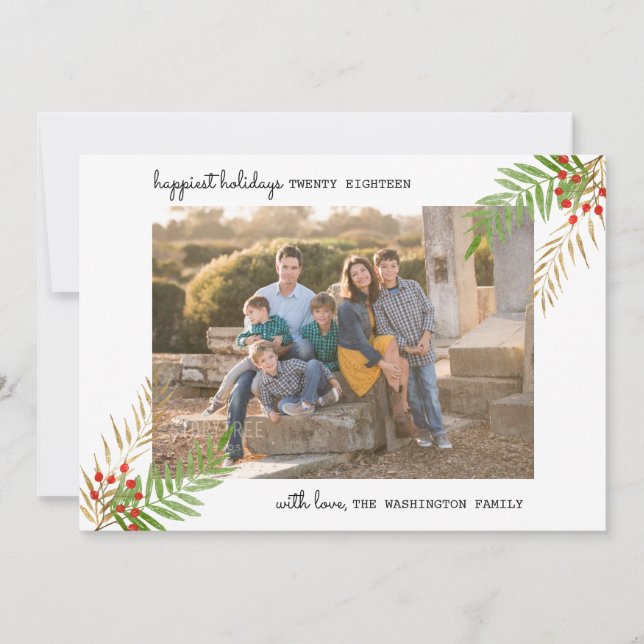 Modern 5 Photo Happiest Holidays Christmas Holly Holiday Card (Front)