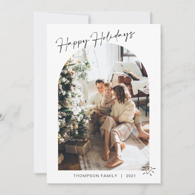 Modern 5 Photo Heart Happy Holidays Arch  Holiday Card (Front)