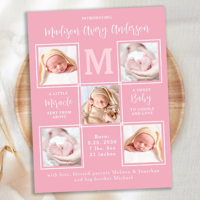 Modern 5 Photo New Baby Pink Birth Announcement Postcard (Creator Uploaded)