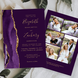 Modern 5-Photo Purple Gold Agate Plum Wedding Invitation