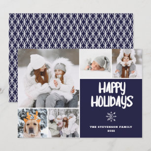 Modern 5 photos Christmas navy pattern snow happy Holiday Card