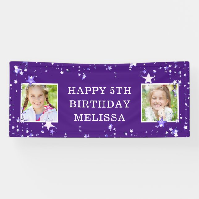 Modern 5th Birthday Purple Stars Photo Name Banner (Horizontal)