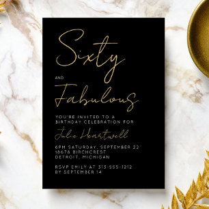 Modern 60 and Fabulous Gold Black 60th Birthday Invitation
