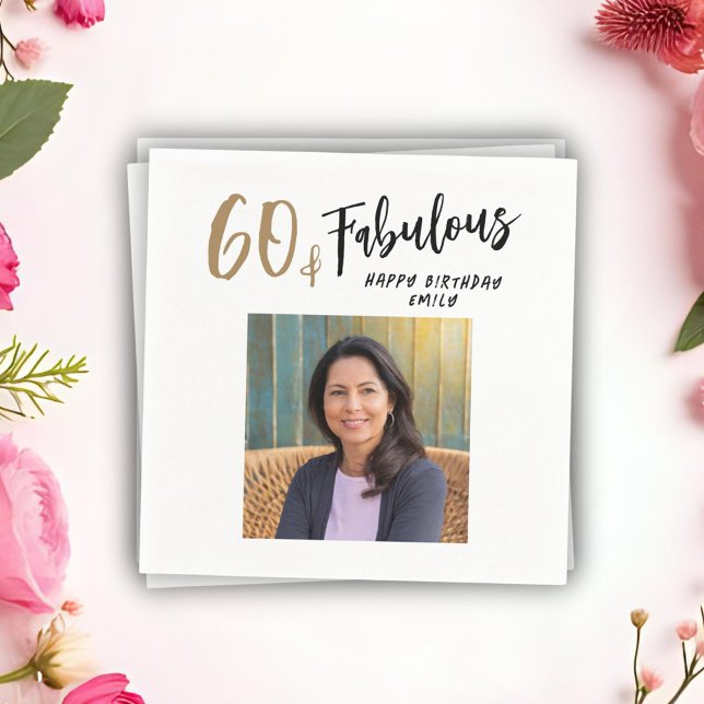 Modern 60 and Fabulous Photo 60th Birthday Napkin (Creator Uploaded)