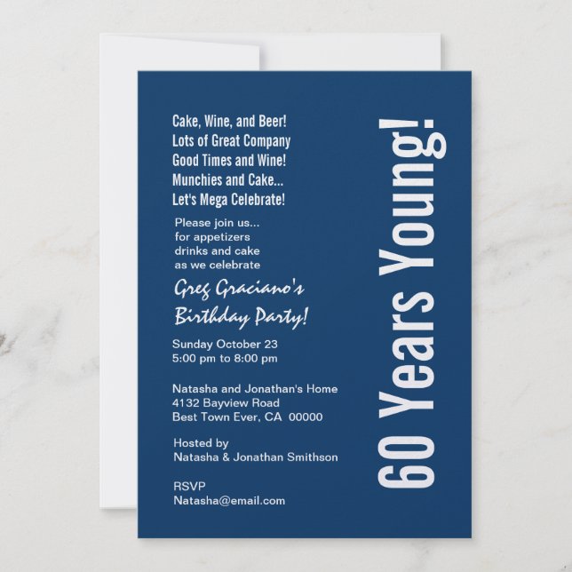 Modern 60 Years Young Birthday Blue White Red Invitation (Front)