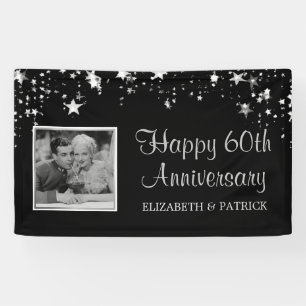 Modern 60th Anniversary Silver Stars Photo Black Banner