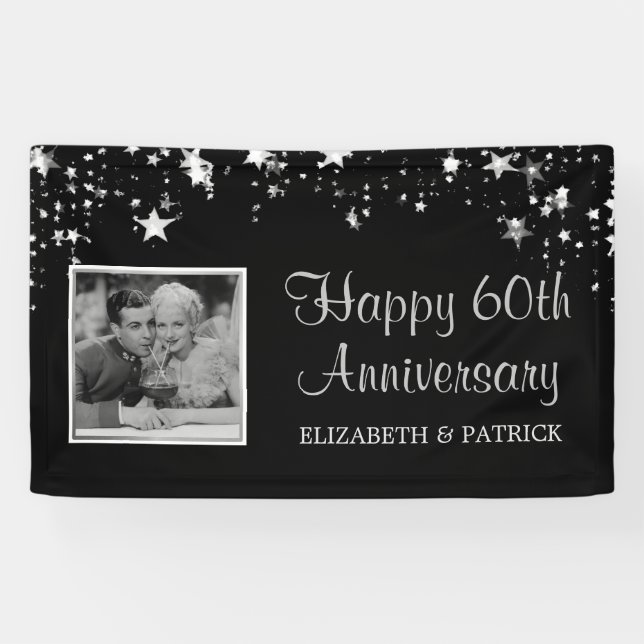 Modern 60th Anniversary Silver Stars Photo Black Banner (Horizontal)
