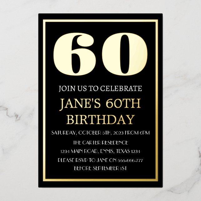 Modern 60th Birthday Black Gold Foil QR Code  (Front)