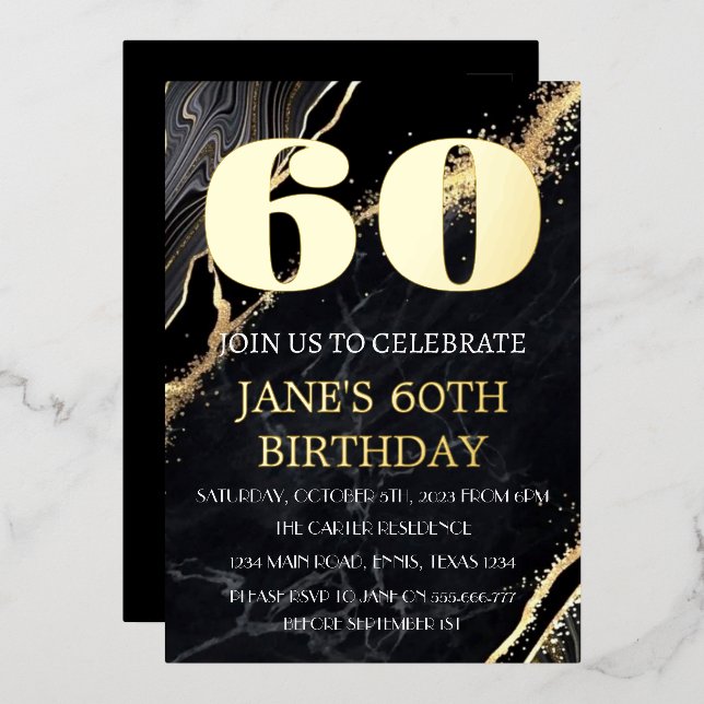 Modern 60th Birthday Black Gold Foil QR Code  (Front/Back)