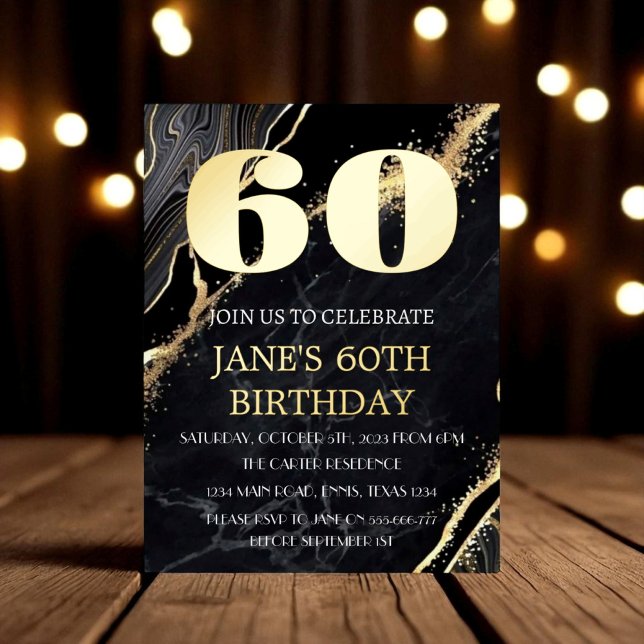 Modern 60th Birthday Black Gold Foil QR Code  Foil Invitation Postcard (Creator Uploaded)