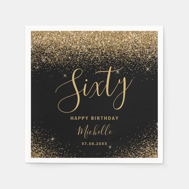 Modern 60th Birthday Black Gold Glitter Name Napkin (Front)