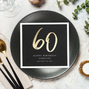 Modern 60th Birthday Black & Gold Script Napkin