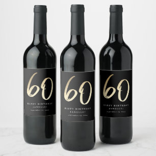 Modern 60th Birthday Black & Gold Script Wine Label