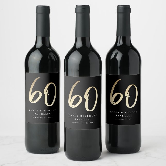 Modern 60th Birthday Black & Gold Script Wine Label (Bottles)