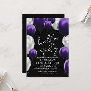 Modern 60th Birthday Black Silver Purple Balloons  Invitation