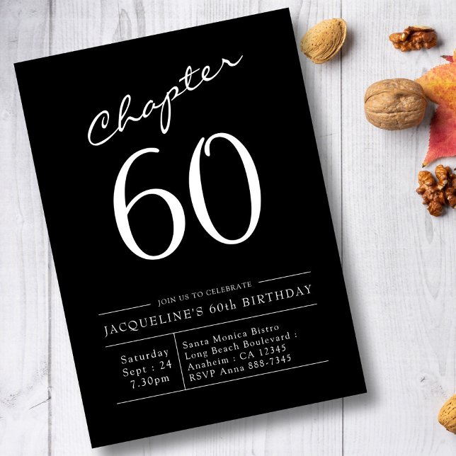 Modern 60th Birthday Black White Chapter 60 Invitation (Creator Uploaded)