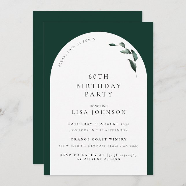 Modern 60th Birthday Emerald Green Arch Botanical Invitation (Front/Back)