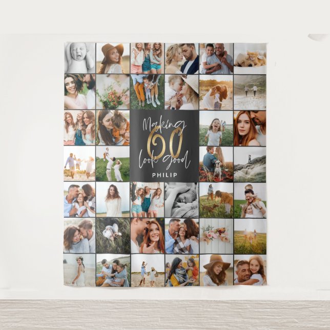 Modern 60th birthday multi photo script gift fleec tapestry (Front)