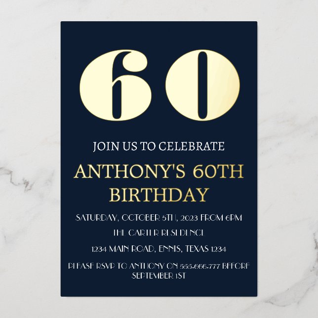 Modern 60th Birthday Navy Blue Gold Foil QR Code (Front)