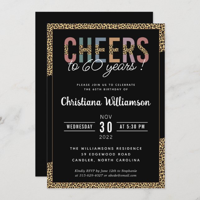 Modern 60th Birthday Party Leopard Print Elegant Invitation (Front/Back)