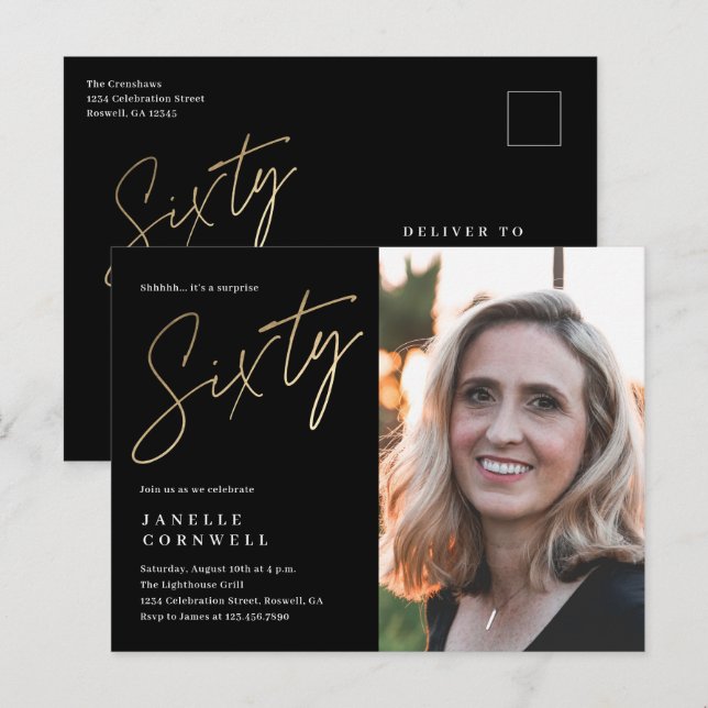 Modern 60th Birthday Photo Black & Gold Script Invitation Postcard (Front/Back)