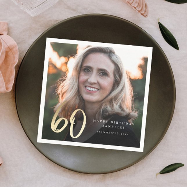 Modern 60th Birthday Photo Black & Gold Script Napkin (Creator Uploaded)