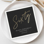 Modern 60th birthday simple stylish elegant napkin<br><div class="desc">Modern 60th birthday simple stylish elegant party napkin features stylish faux gold foil number handwritten script Sixty and your party details in classic serif font on black background color, simple and elegant, great surprise adult milestone party decor for men and women. The black background color can be changed to any...</div>