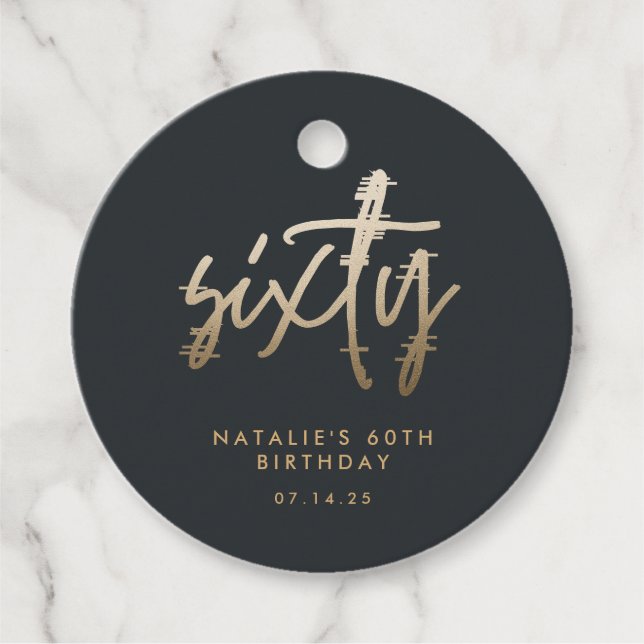 Modern 60th birthday simple stylish elegant script favour tags (Front)