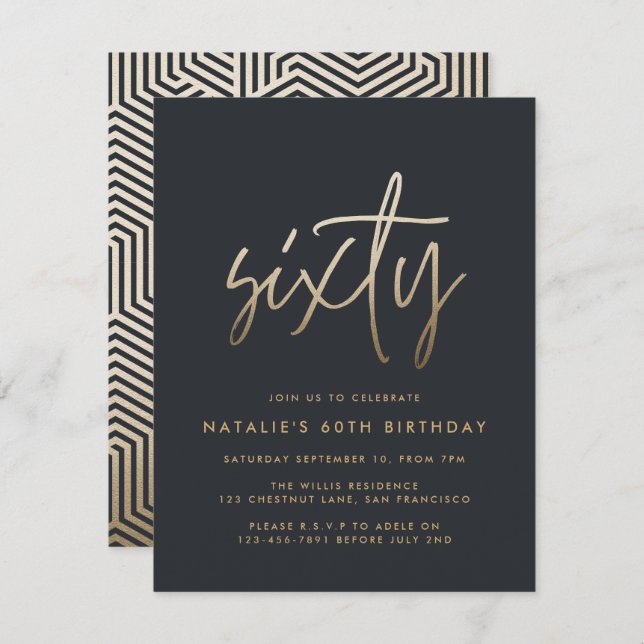 Modern 60th birthday simple stylish elegant script invitation (Front/Back)