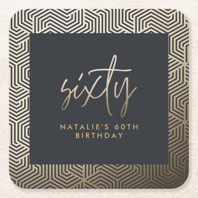 Modern 60th birthday simple stylish elegant script square paper coaster (Front)
