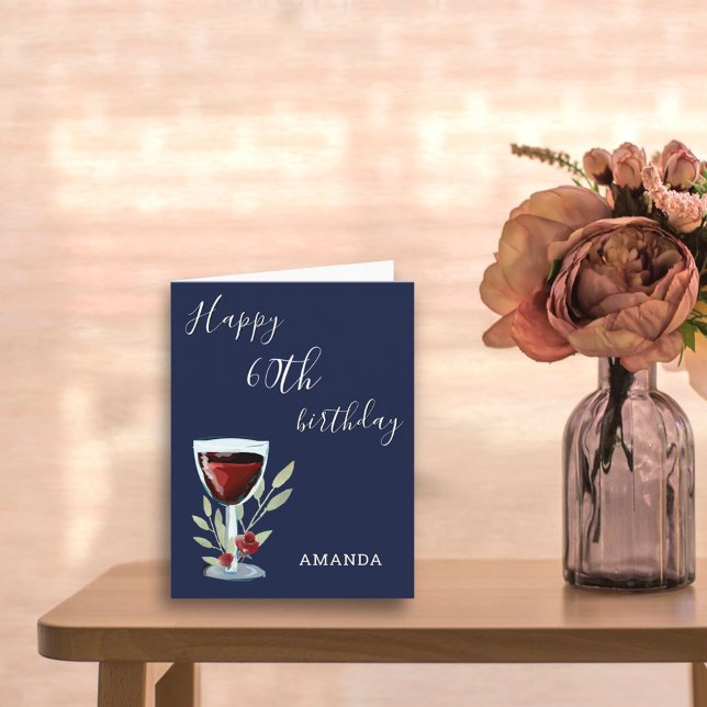 Modern 60th Happy Birthday Red Wine Navy Blue Card (Creator Uploaded)