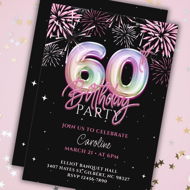 Modern 60th Pink Foil Balloon Fireworks Birthday Invitation (Creator Uploaded)