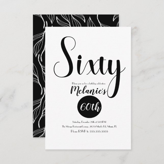 Modern 60th Script Bold Black and White Greenery Invitation (Front/Back)